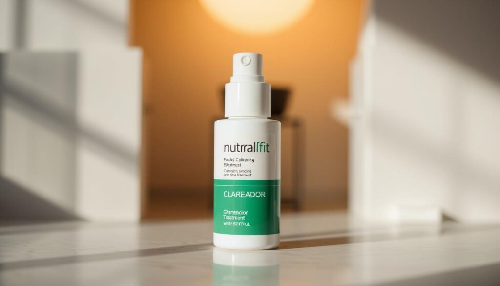 A close-up photo of the NutralFit Clareador skin care product. The product is in the center of the frame, showcasing its sleek, minimalist packaging with clean white and green accents. The lighting is soft and diffused, creating a warm, natural glow that highlights the product's texture and finish. The background is slightly blurred, keeping the focus on the Clareador bottle. The overall mood is one of simplicity, quality, and efficacy, reflecting the product's purpose as an effective skin clarifying treatment.