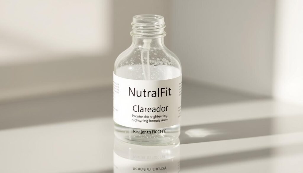 A close-up shot of a glass bottle filled with a clear, shimmering liquid labeled "NutralFit Clareador". The bottle is placed on a reflective, minimalist surface with subtle ambient lighting, casting soft shadows. The overall composition emphasizes the simplicity and elegance of the product, showcasing its purity and effectiveness. The image conveys a sense of natural, rejuvenating skincare, inviting the viewer to explore the benefits of this specialized skin brightening formula.