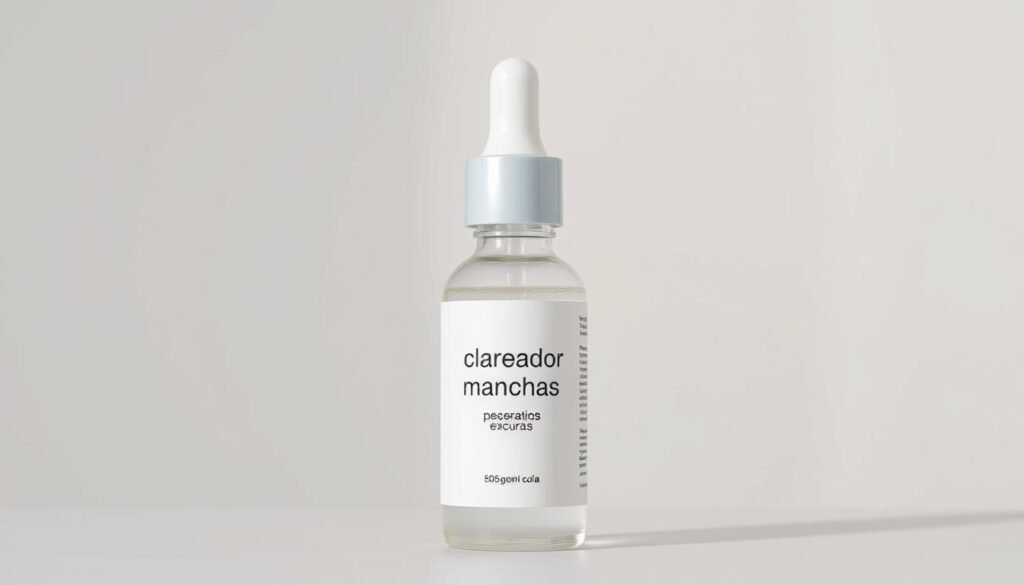 A vibrant, high-resolution close-up photograph of a bottle of "clareador para manchas escuras" skincare product against a soft, diffused lighting setup. The bottle has a sleek, minimalist design with a clean white label and an elegant dropper applicator. The lighting gently highlights the product's texture and subtle reflections, creating a sense of premium quality and effectiveness. The background is a simple, neutral tone that allows the product to take center stage, conveying a sense of focus and attention to detail.