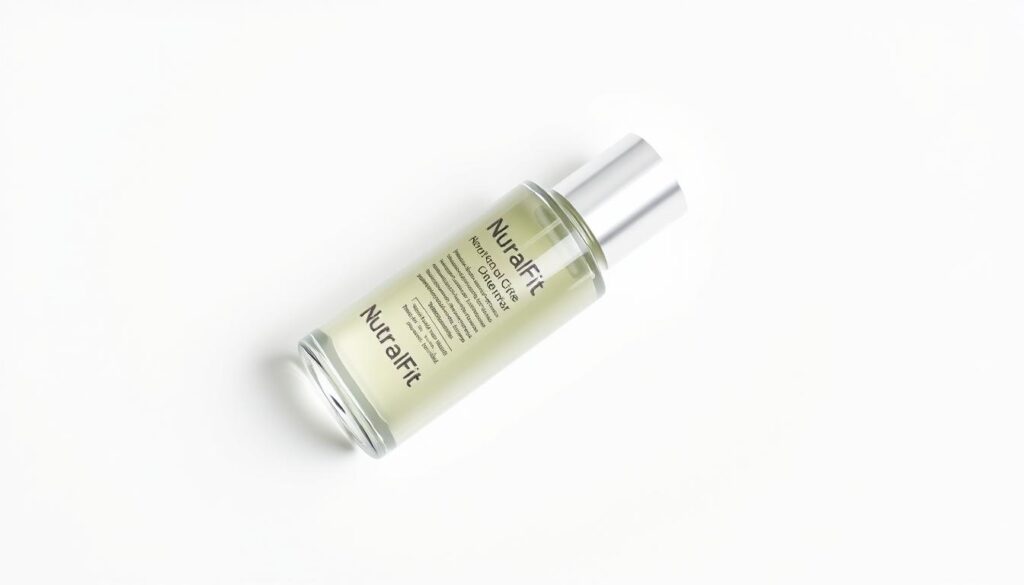 Fórmula do Clareador NutralFit: a high-quality skin brightening product resting on a clean, minimalist white background. The bottle has a sleek, modern design with a glossy finish, showcasing the vibrant, translucent liquid inside. The lighting is soft and even, highlighting the product's clarity and premium quality. The composition places the bottle centrally, with ample negative space to draw the viewer's attention. The overall mood is one of simplicity, elegance, and confidence in the product's efficacy.