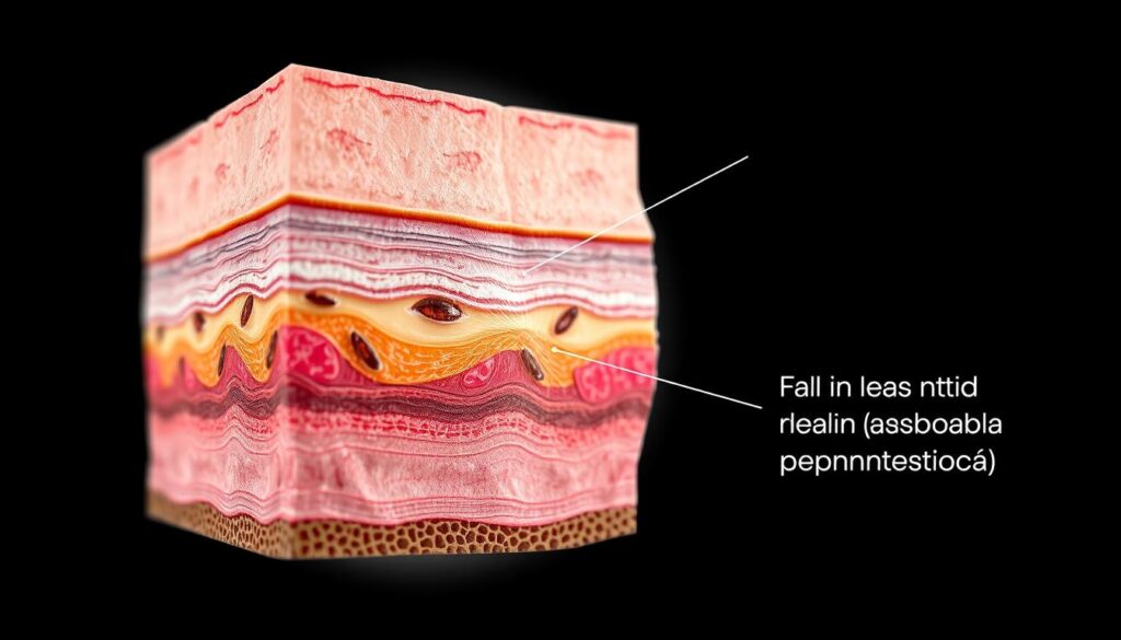 Mecanismo de ação contra hiperpigmentação: a detailed cross-section illustration showcasing the intricate process of how the tranexamic acid in NutralFit brightening cream targets and effectively fades dark spots. Precise technical rendering of the skin's epidermal and dermal layers, highlighting the inhibition of melanin production and dispersion. Realistic textures and shading, with a crisp, clean aesthetic and neutral color palette to emphasize the scientific nature of the subject. Subtle highlights and shadows add depth and dimension, guiding the viewer's eye through the key components of the brightening mechanism. Captured in a well-lit, high-contrast studio setup with a shallow depth of field, maintaining focus on the central area of interest.