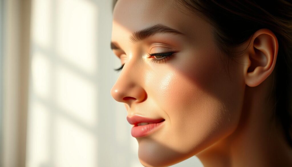 A beautifully illuminated closeup of a woman's serene, glowing face against a soft, dreamy backdrop. The skin appears flawless, with a subtle, radiant luminosity that emanates a sense of natural, healthy beauty. Intricate details of the facial features are captured with exquisite precision, highlighting the innovative, nourishing formula that has visibly improved the complexion. The lighting is gentle and diffused, creating an aura of tranquility and inner calm. The overall composition conveys a sense of harmony, balance, and the transformative power of the NutralFit skincare solution.