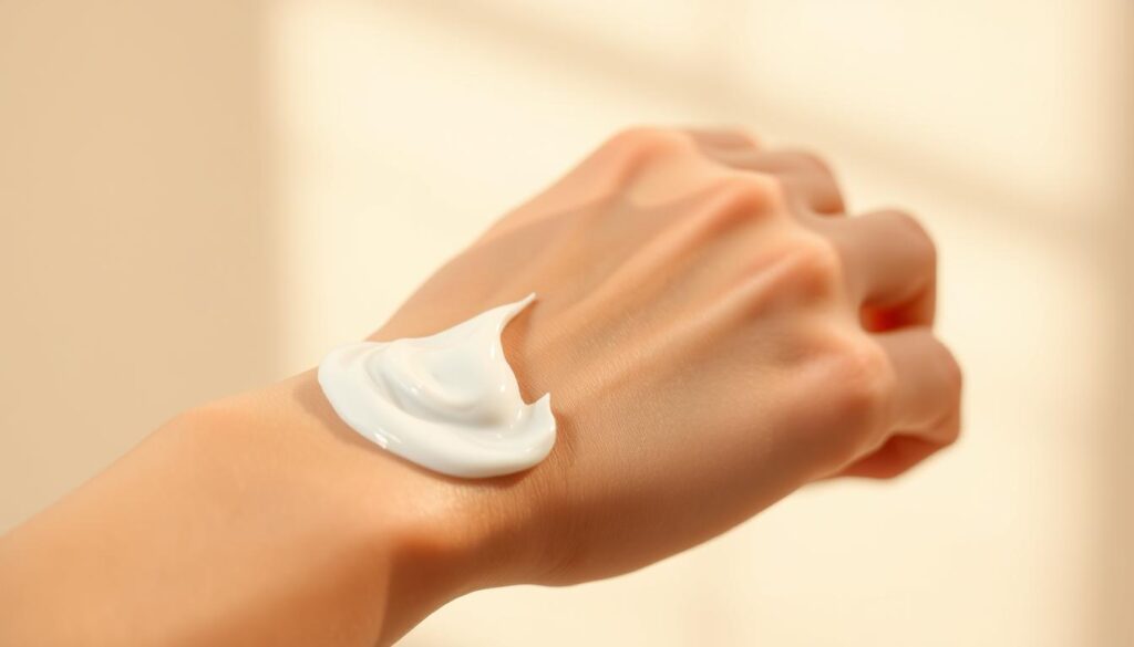 A beautifully lit, close-up photograph of a human hand smoothly applying a pearl-white skin-lightening cream to the forearm area. The cream has a rich, creamy texture and glides effortlessly onto the skin, leaving a subtle, radiant glow. The background is softly blurred, placing the focus on the application process. The lighting is warm and natural, casting a gentle, flattering shadow that accentuates the contours of the hand and arm. The overall mood is one of tranquility and self-care, inviting the viewer to imagine the soothing, invigorating sensation of using the product. The image captures the essence of the "Nutralfit Clareador de Pele: Características e Aplicação" section.