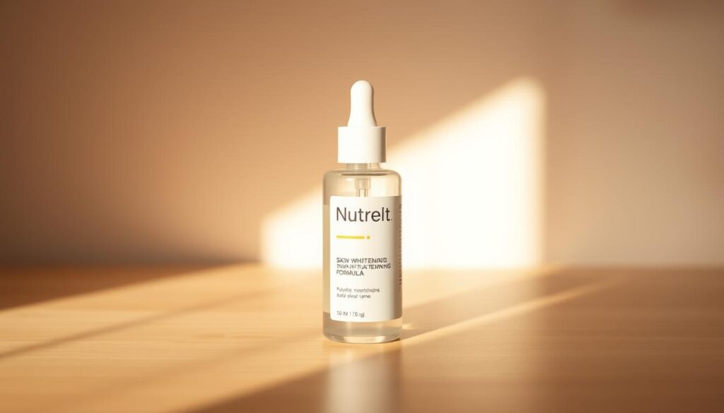 A bottle of NutralFit skin whitening formula on a clean, well-lit wooden tabletop. The bottle is placed at an angle, illuminated from the side to highlight its translucent glass and the liquid contents. The label prominently displays the "NutralFit" branding in a bold, modern font. The background is softly blurred, creating a serene, product-focused atmosphere. Warm, natural lighting casts gentle shadows, emphasizing the bottle's elegant shape and the product's purity. The overall mood is one of clinical efficacy and skin-nourishing lightness, reflecting the formula's ability to gently fade blemishes and even out skin tone.