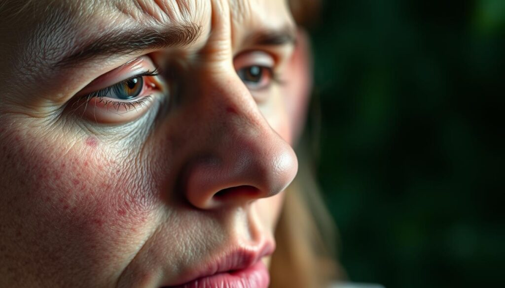A challenging, complex skin condition depicted in a close-up view. In the foreground, the uneven, blotchy pigmentation of melasma is prominently featured, textured with a subtle, velvety matte finish. The middle ground reveals a worried, pensive expression, the person's face partially obscured, conveying the struggle and frustration of this stubborn, treatment-resistant affliction. The background is softly blurred, hinting at a serene, natural setting, yet the mood remains somber, the lighting gentle and moody, emphasizing the difficulty of managing this persistent dermatological issue.