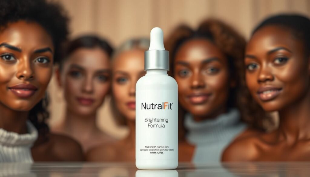 A clean, modern bottle labeled "NutralFit Brightening Formula" stands prominently in the foreground, its sleek design and minimalist packaging conveying a sense of purity and effectiveness. The bottle is illuminated by soft, diffused lighting, creating subtle highlights and shadows that accentuate its form. In the middle ground, a variety of diverse skin tones are depicted, suggesting the formula's suitability for all skin types. The background is blurred, with a warm, neutral color palette that invokes a sense of calm and balance. The overall composition and lighting evoke a professional, high-quality product shot, emphasizing the formula's efficacy and universal appeal.