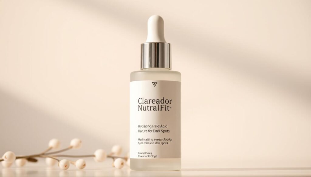 A close-up, high-resolution photograph of a bottle of "Clareador NutralFit" skincare product against a soft, out-of-focus background. The bottle is prominently displayed in the center of the frame, with clean, minimalist packaging in neutral colors. The lighting is soft and diffused, creating a warm, inviting atmosphere. The product's label and branding are clearly visible, showcasing the "Clareador NutralFit" name and highlighting the key ingredients like hyaluronic acid. The overall composition and styling exude a sense of natural, hydrating skin care and a solution for dark spots.