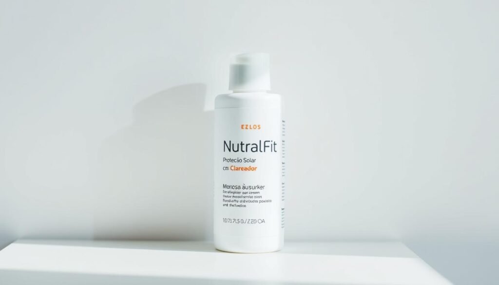A close-up of a bottle of NutralFit sunscreen cream, its label prominently displaying the "Proteção Solar com Clareador" text. The cream itself appears nourishing and moisturizing, with a silky, creamy texture. The bottle is placed on a clean, white surface, illuminated by soft, diffused natural lighting from the side, creating gentle shadows and highlights that accentuate the product's details. The background is a plain, minimalist setting, allowing the sunscreen bottle to be the focal point. The overall mood is one of purity, simplicity, and the synergistic benefits of sun protection and skin brightening.