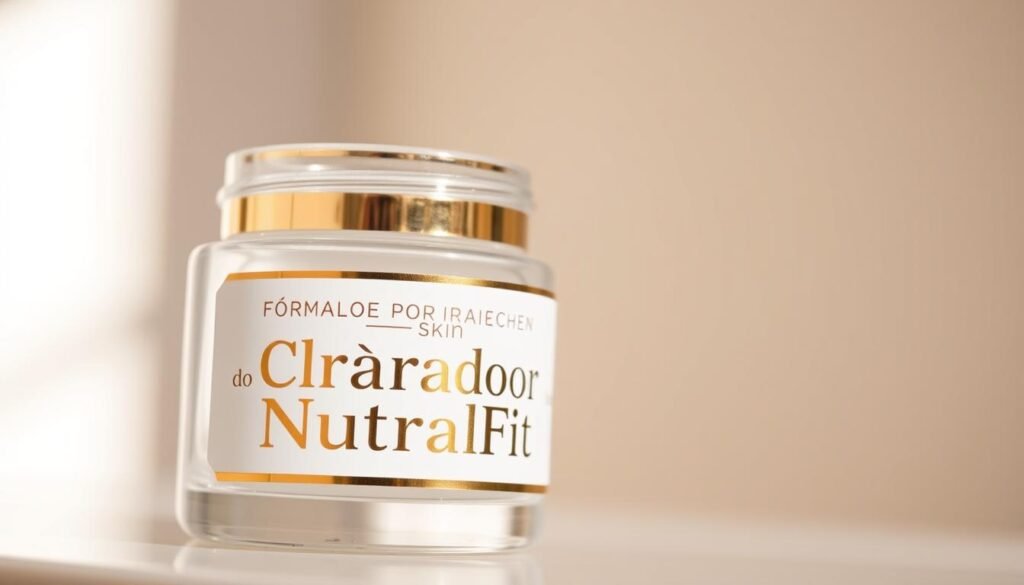 A close-up of a glass jar with a white and gold label, displaying the text "Fórmula do Clareador NutralFit". The jar has a clean, modern design and is set against a soft, blurred background. The lighting is natural, creating a warm, inviting atmosphere. The focus is on the jar, with the label clearly visible, showcasing the product's name and branding. The image conveys a sense of quality, efficacy, and the product's ability to rejuvenate and brighten the skin, in line with the article's subject and section title.