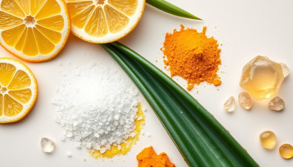 A close-up of a selection of natural skin brightening ingredients, including lemon slices, turmeric powder, aloe vera leaves, and vitamin C crystals, arranged in a visually appealing and organized manner on a neutral background. The lighting is soft and diffused, highlighting the rich colors and textures of the ingredients. The image has a clean, minimalist aesthetic that conveys the purity and effectiveness of the skin brightening formula.