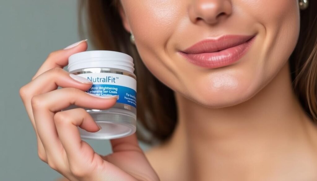 A close-up of a woman's face, applying a skin-brightening cream from a white and blue jar labeled "NutralFit" with care and precision. The lighting is soft and even, highlighting the smooth, radiant texture of her skin. The background is blurred, keeping the focus on the application technique - gently massaging the cream into the skin using circular motions. The overall mood is one of calm and confidence, conveying the importance of proper usage for optimal results. The image should reflect the steps outlined in the section title "Como usar o NutralFit corretamente para melhores resultados".