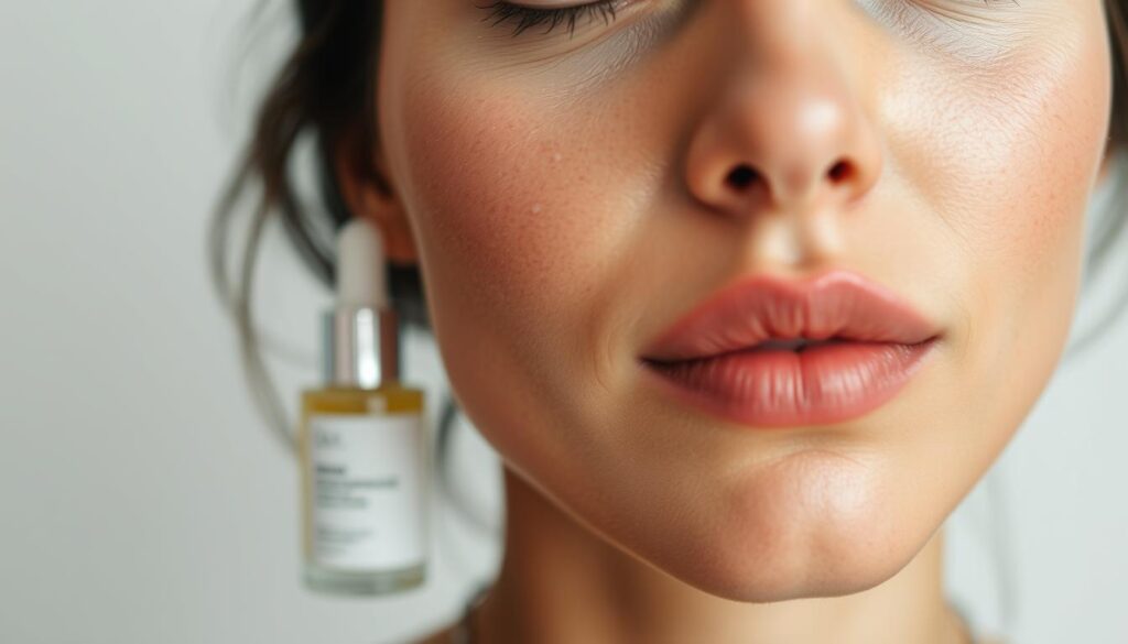 A close-up of a woman's face, showcasing the skin's surface with a subtle glow. The forefront highlights small, uneven pigmentation spots across the cheeks and nose, presenting the challenge of hyperpigmentation. The lighting is soft and diffused, emphasizing the texture and tonality of the complexion. In the middle ground, a serum bottle or cosmetic product is prominently displayed, suggesting an effective solution for addressing the discoloration. The background maintains a blurred, minimalist aesthetic, allowing the viewer to focus on the skin condition and the potential treatment. The overall mood is one of serene contemplation, inviting the viewer to consider the journey towards clearer, more even-toned skin.