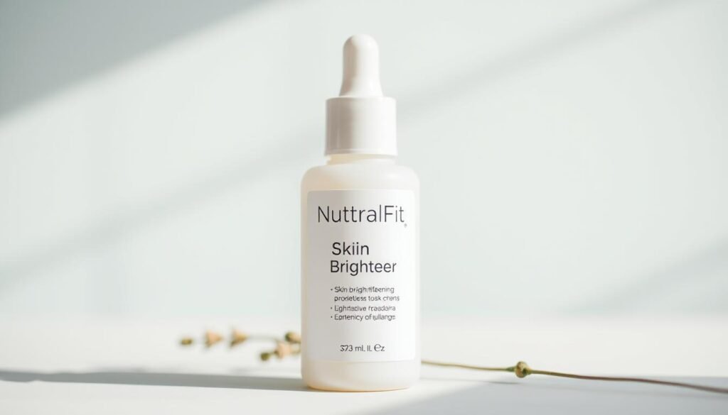 A close-up photo of a skin brightening product bottle against a soft, blurred background. The bottle has a sleek, minimalist design with a light-colored label that prominently displays the product name "NutralFit Skin Brightener". The bottle's shape and label convey a sense of purity, gentleness, and efficacy. The lighting is soft and diffused, creating an inviting, natural atmosphere. The composition places the product at the center of the frame, highlighting its importance and the focus of the section. The overall impression is one of a high-quality, safe, and effective skin care solution.