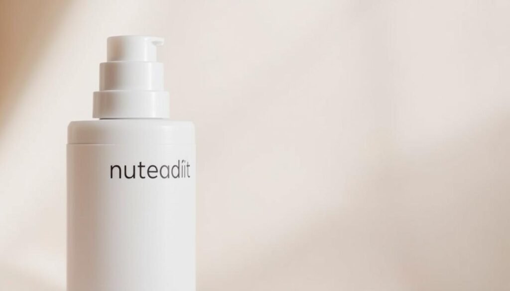 A close-up photograph of a skin care product bottle labeled "clareador nutralfit" against a soft, blurred background. The bottle has a sleek, minimalist design with clean lines and a matte finish. The lighting is diffused and flattering, accentuating the product's texture and color. The overall mood is serene and inviting, suggesting the product's gentle, nourishing properties. The image captures the essence of the "NutralFit Funciona?" article's section on the product's effects on the skin.