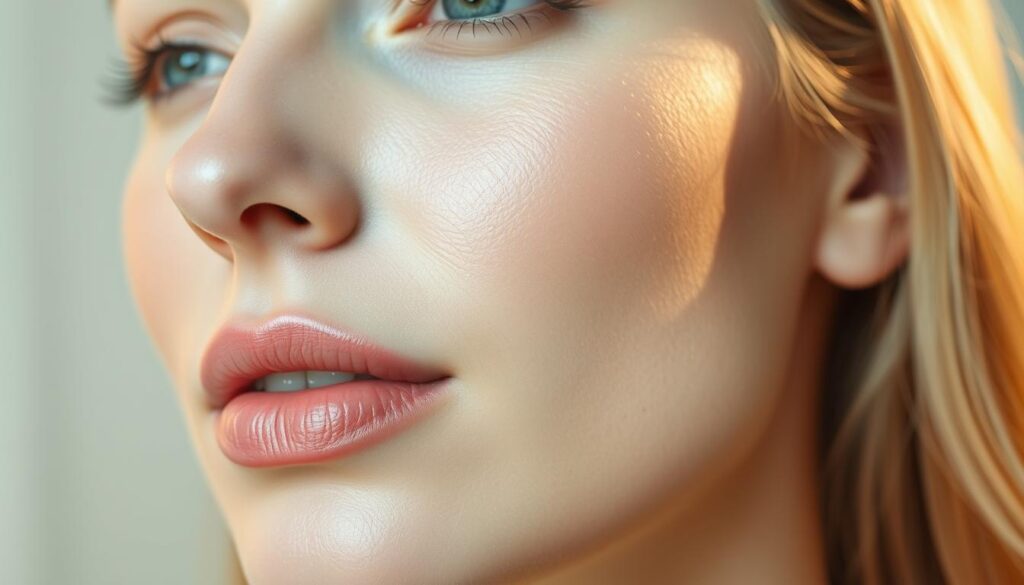 A close-up photograph of a woman's face, showcasing her radiant and luminous complexion. The skin appears smooth, even, and visibly brighter, with a healthy glow that emanates from within. The lighting is soft and diffused, creating a warm, inviting atmosphere that highlights the skin's natural beauty. The focus is sharp on the forehead, cheeks, and chin, allowing the viewer to appreciate the subtle improvements in skin tone and texture. The overall composition is balanced, with the subject occupying the central frame and the background subtly blurred, directing the eye towards the captivating skin transformation.