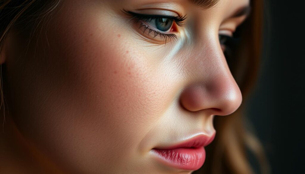 A close-up portrait of a woman's face, showcasing the intricate texture and tone of her skin. The lighting is soft and diffused, creating a warm, natural glow that enhances the skin's radiance. The camera angle is slightly angled, drawing the viewer's attention to the delicate features and subtle blemishes that contribute to the uniqueness of her complexion. The background is blurred, keeping the focus solely on the skin's captivating details. The overall mood is one of serenity and quiet contemplation, inviting the viewer to appreciate the beauty and complexity of the human skin.