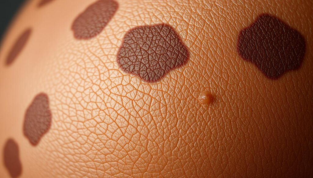 A close-up shot of hyperpigmented skin, showcasing uneven, discolored patches with a range of hues from light brown to deep chocolate. The foreground focuses on the textured, slightly bumpy surface, capturing the imperfections in vivid detail under soft, diffused lighting. The middle ground provides context, revealing the irregular pattern of the hyperpigmentation across the skin, while the background remains blurred, keeping the attention on the primary subject. The overall mood is clinical yet empathetic, conveying the need to understand this common skin condition.