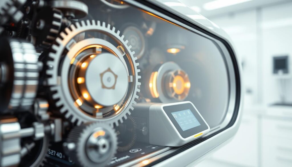 A close-up view of a safe and effective skin-brightening mechanism, showcasing a sleek, modern design. The foreground features an intricate arrangement of gears, mirrors, and precision instruments, all working in harmony to deliver a radiant and even complexion. The middle ground highlights the mechanism's intuitive controls and display panels, while the background depicts a clean, minimalist laboratory setting with soft, diffused lighting. The overall atmosphere conveys a sense of advanced technology, scientific rigor, and a commitment to healthy, vibrant skin without the use of harsh chemicals like hydroquinone.