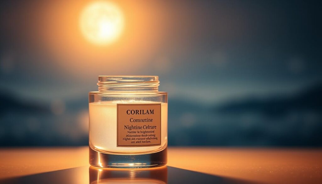 A delicate glass container with a smooth, pearlescent liquid shimmering within, illuminated by a warm, golden light. The bottle's elegant design and soft, pastel-toned label convey a sense of luxurious, nighttime skincare. In the background, a serene, softly blurred backdrop of a tranquil, moonlit landscape, evoking a peaceful, restorative atmosphere. The composition and lighting work together to highlight the bottle's premium, nourishing contents, inviting the viewer to experience the benefits of this nighttime skin-brightening treatment.