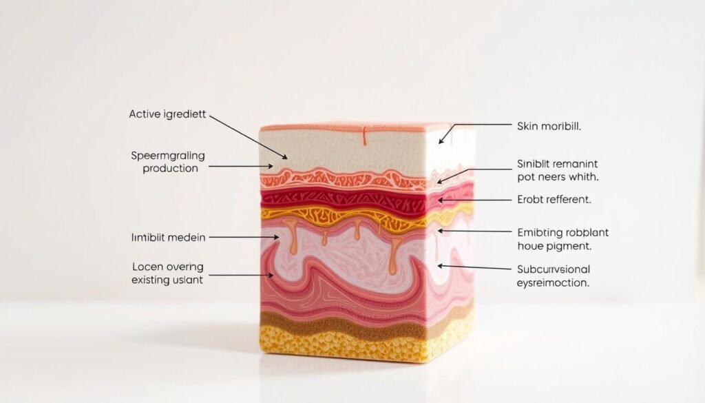 A detailed, cutaway cross-section illustration of the mechanism of action of a skin lightening or whitening product, shown in a clean, technical style. The foreground depicts the key active ingredients and their mode of action on the skin, such as inhibiting melanin production or breaking down existing pigment. The middle ground shows the layers of the skin in detail, with labels identifying the epidermis, dermis, and subcutaneous tissues. The background provides a soft, neutral context to highlight the technical aspects. Lighting is clear and evenly distributed, with a slight sense of depth and dimension. The overall impression is one of scientific precision and educational value, suitable for inclusion in a product information article.