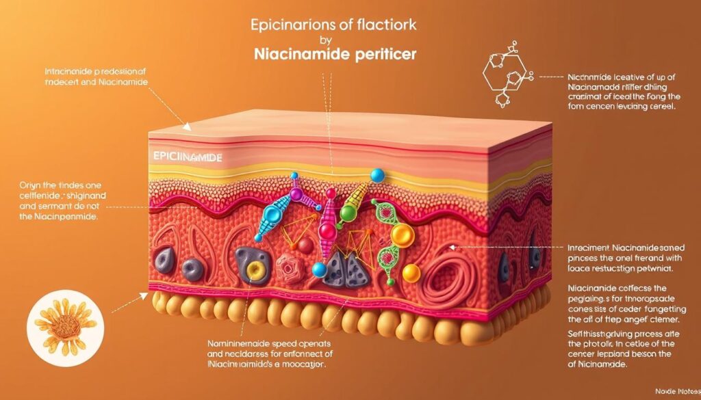 A detailed diagram showcasing the mechanism of action of Niacinamide on the skin. Cutaway view of epidermal layers, with Niacinamide molecules depicted as colorful geometric shapes interacting with skin cells and structures. Warm, muted color palette with soft lighting to convey a scientific yet visually appealing aesthetic. Prominent focus on the middle section displaying the intracellular processes and signaling pathways activated by Niacinamide. Subtle background elements like cellular structures and molecular diagrams to provide contextual information. Rendered with a technical illustration style to underscore the instructional nature of the image.