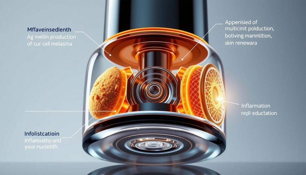 A detailed, highly realistic illustration of the "NutralFit" skin brightening mechanism. Showcase the product's unique, multi-pronged approach to combating stubborn melasma, with a crisp, technical cross-section view. Depict the key active ingredients and their targeted actions on melanin production, skin cell renewal, and inflammation reduction - all rendered in a clean, modern, and informative style. Illuminate the scene with soft, directional lighting to emphasize the complex, intricate workings of this innovative formula. Capture the scientific precision and efficacy of the NutralFit technology in a visually striking, laboratory-inspired composition.