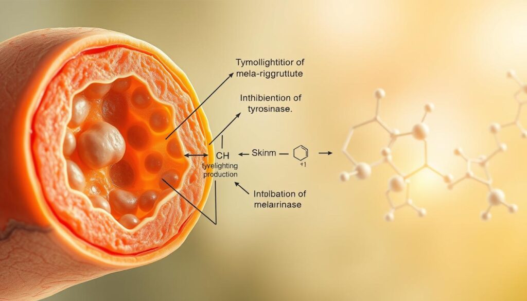 A high-resolution, detailed illustration of a skin lightening mechanism. In the foreground, a cross-section of human skin reveals the intricate cellular structure, with melanocytes responsible for pigmentation. In the middle ground, a series of biochemical processes are depicted, including the inhibition of tyrosinase, the key enzyme in melanin production. The background showcases a sophisticated molecular structure, representing the active ingredients in a skin-lightening formula. The overall scene is bathed in a soft, natural lighting, conveying the gentle, yet effective nature of the skin-brightening mechanism. The image exudes a sense of scientific precision and clinical efficacy.