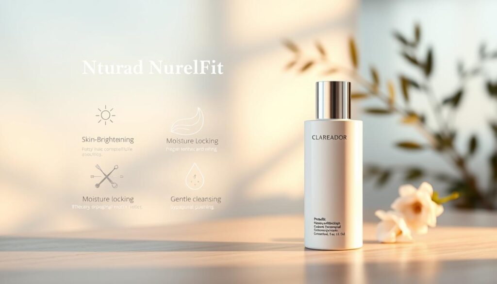 A high-resolution, photorealistic image showcasing the Clareador NutralFit product and its benefits. The image depicts the product prominently in the foreground, with a clean and minimalist composition. The product is presented in a soft, warm lighting, accentuating its sleek and modern design. In the middle ground, there are visuals that highlight the key benefits of the product, such as skin-brightening, moisture-locking, and gentle cleansing. The background features a serene, nature-inspired setting, with soft, blurred elements that create a sense of tranquility and well-being. The overall mood is one of sophistication, efficacy, and a commitment to natural, healthful skincare.