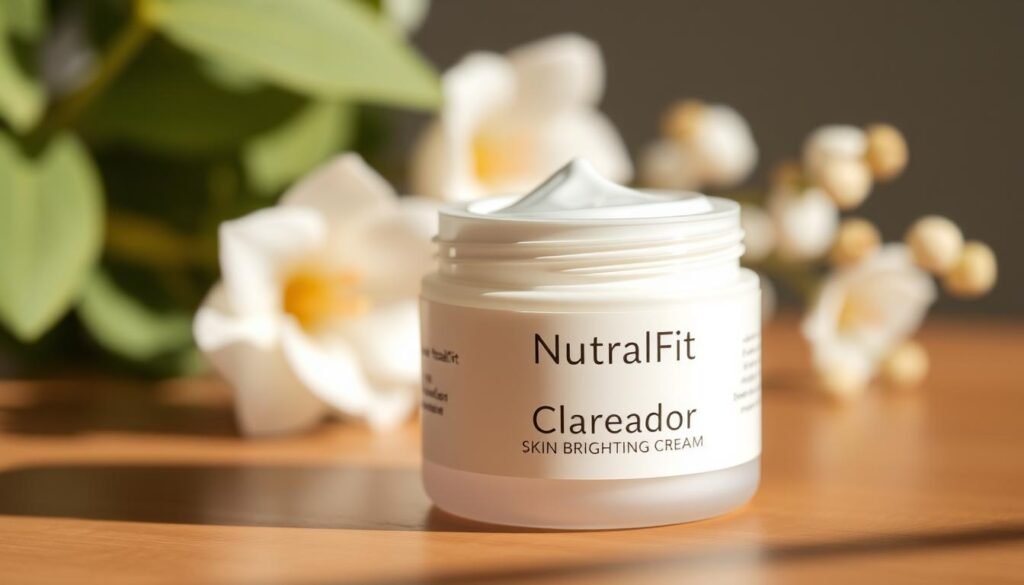 A jar of NutralFit Clareador skin brightening cream, with a smooth, pearly white surface, resting on a wooden table. Soft, natural lighting casts subtle shadows, highlighting the product's sleek, minimalist design. The jar's label features a simple, elegant typeface, showcasing the "NutralFit Clareador" branding. In the background, a soft, blurred organic pattern, such as leaves or flowers, creates a soothing, natural atmosphere. The overall composition conveys a sense of simplicity, purity, and the product's ability to gently and effectively brighten the skin.