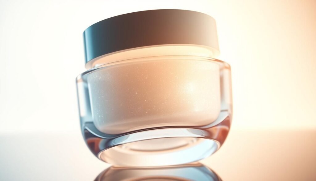 A luminous and sleek glass jar filled with a shimmering, opalescent cream - the essence of an effective brightening formula. The jar is backlit, casting a warm, radiant glow that illuminates the creamy texture and highlights the product's premium, luxurious quality. The minimalist, modern design of the packaging conveys a sense of scientific efficacy and clinical precision. Set against a softly blurred background, the jar appears to float, commanding the viewer's attention and suggesting the transformative power of the product within.