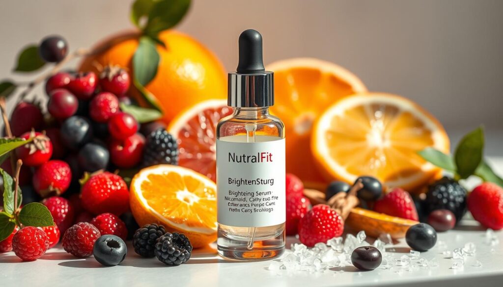 A meticulously composed still life showcasing a harmonious blend of skin-brightening ingredients. In the foreground, a glass bottle of NutralFit Brightening Serum takes center stage, its glossy label highlighting the key active ingredient - niacinamide. Surrounding the bottle, an artful arrangement of complementary elements: freshly harvested berries, a scattering of vitamin C-rich citrus, and glistening crystals of exfoliating salts. Soft, natural lighting bathes the scene, casting warm shadows and emphasizing the vibrant colors and textures. The overall composition conveys a sense of balance, purity, and the synergistic power of these skin-perfecting ingredients to deliver a luminous, even-toned complexion.