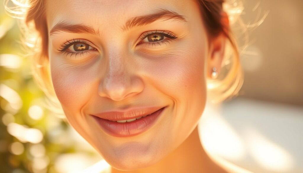 A radiant, luminous skin filled with the benefits of NutralFit Vitamin C. In the foreground, a close-up of a glowing, youthful face bathed in warm, natural lighting. The skin appears smooth, even-toned, and visibly brightened. In the middle ground, a soft, ethereal background with hints of greenery and subtle, diffused highlights, evoking a sense of tranquility and wellness. The overall atmosphere is one of vitality, clarity, and an inner radiance emanating from the subject. The image captures the power of Vitamin C to reveal a complexion that is truly luminous and vibrant.
