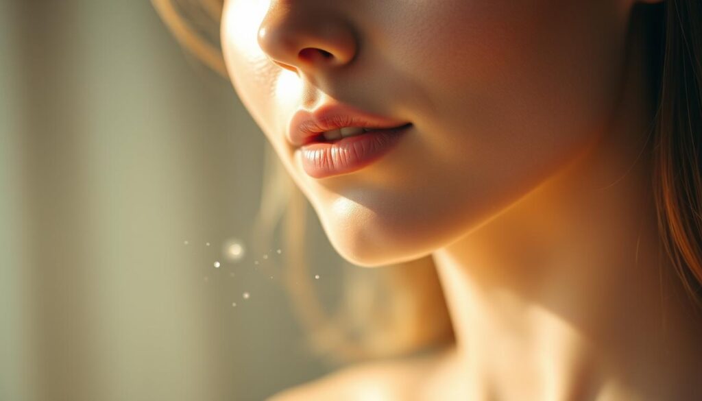 A serene, close-up portrait of a woman's radiant, glowing skin. The lighting is soft and diffused, creating a warm, ethereal atmosphere. Her complexion is even, with a naturally luminous, youthful appearance. In the midground, a subtle, gossamer-like veil of shimmering particles dances around her face, suggesting the gentle, enveloping effect of a skin-brightening treatment. The background is blurred and hazy, placing the focus squarely on the subject's captivating, smooth complexion. Captured with a high-quality lens, the image exudes a sense of tranquility and inner radiance.