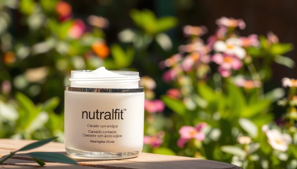 A serene garden setting with lush greenery and vibrant flowers in the background. In the foreground, a glass jar filled with a luminous, pearly-white skincare product sits atop a wooden surface, its label prominently displaying the "Nutralfit" logo and the text "Clareador com ácido kójico". Soft, natural lighting gently illuminates the scene, creating a warm and inviting atmosphere. The composition emphasizes the product's purity, efficacy, and the benefits of using natural ingredients for skin brightening.