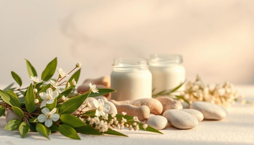 A serene natural composition of carefully arranged skincare ingredients against a soft, diffused background. In the foreground, an arrangement of natural botanical elements such as fresh green leaves, delicate white flowers, and smooth stones. The middle ground features glass jars containing a milky, translucent substance, hinting at the natural skincare formula. Warm, golden lighting gently illuminates the scene, creating a sense of purity and nourishment. The overall atmosphere is one of tranquility, emphasizing the natural and gentle qualities of the skin brightening product.