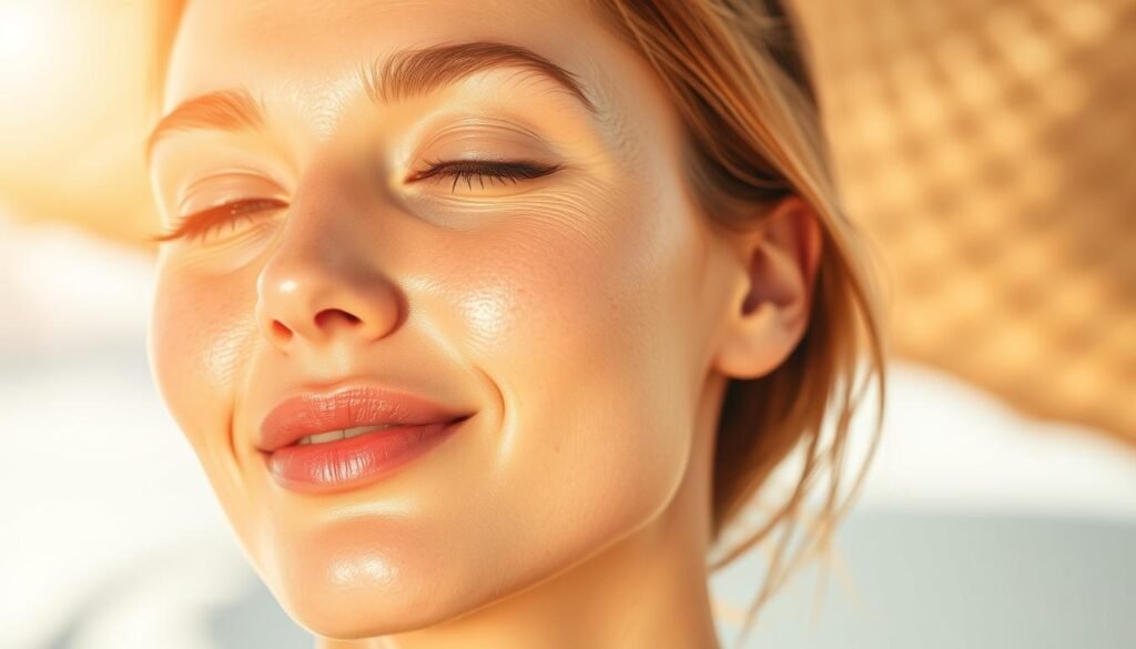 A serene, sun-drenched scene depicting a woman's face, her skin glowing with a healthy, even radiance after using the NutralFit skin-brightening product. The light filters in softly, creating a gentle, natural-looking illumination that highlights the uniform, luminous texture of her complexion. The woman's expression is one of tranquility and contentment, reflecting the soothing, restorative effects of the NutralFit formula. The background is subtly blurred, keeping the focus on the subject's face and allowing the skin's radiant, flawless appearance to take center stage. The overall mood is one of rejuvenation and a restored, natural-looking glow, perfectly conveying the benefits of using NutralFit to even out skin tone after sun exposure.