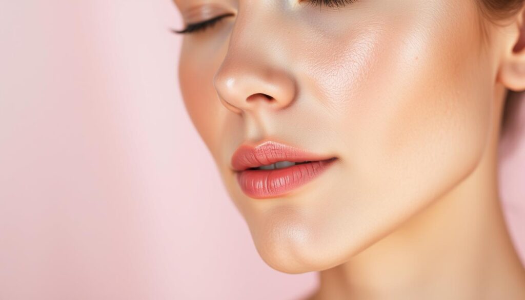 A serene, vibrant skin portrait against a soft, blurred background. The foreground features a close-up view of radiant, glowing skin with a natural, even tone. Highlights accentuate the smoothness and luminosity of the complexion. In the middle ground, a hazy, pastel-colored atmosphere suggests a tranquil, rejuvenating ambiance. The lighting is soft and diffused, creating a warm, comforting mood. An elegant, minimalist aesthetic conveys the inherent beauty and health benefits of skin brightening.