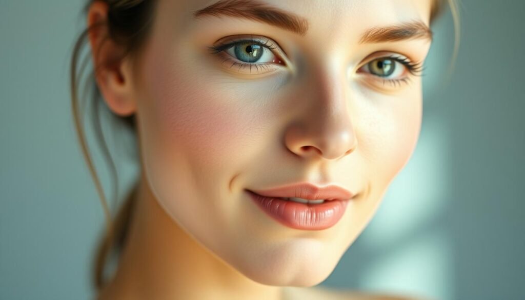 A serene, well-lit close-up portrait of a flawless, radiant female face with glowing, even-toned skin. The subject's skin appears smooth, soft, and blemish-free, with a healthy, luminous complexion. The lighting creates a gentle, diffused glow, accentuating the natural beauty and youthful vitality of the subject's facial features. The depth of field is shallow, with the background softly blurred, allowing the viewer to focus on the subject's face and the apparent benefits of the Nutral Fit skin brightener. An atmosphere of tranquility and inner calm pervades the scene.
