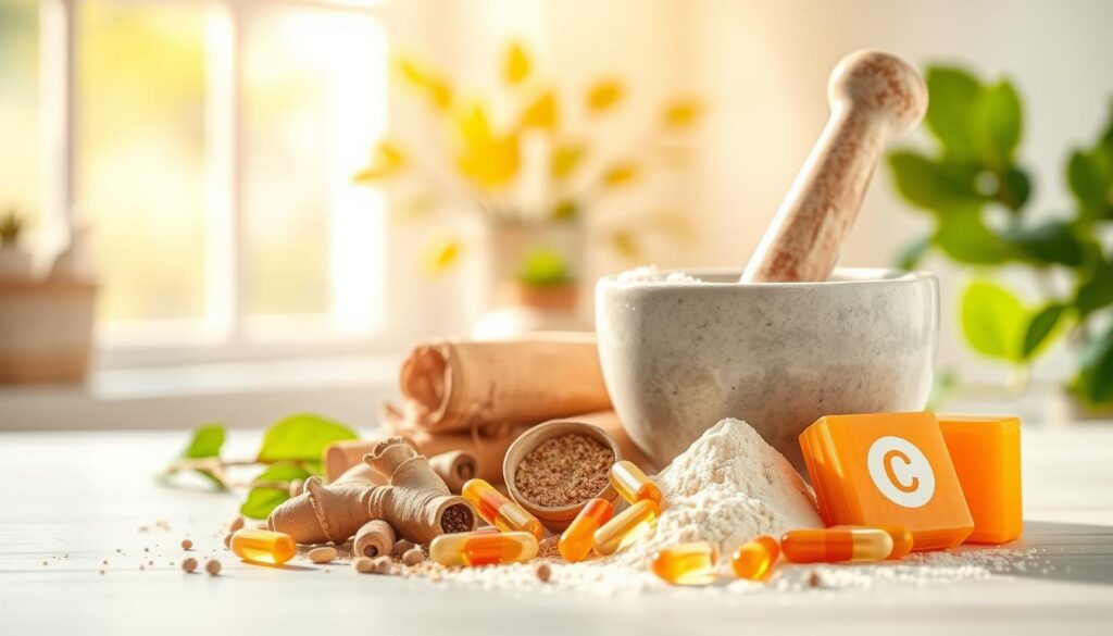 A still life tableau showcasing the key ingredients for skin brightening. In the foreground, an arrangement of botanical elements such as licorice root, niacinamide, and vitamin C capsules. In the middle ground, a mortar and pestle grind these active ingredients into a fine powder. The background features a soft, natural lighting that filters through a window, casting a warm, glowing ambiance. The composition evokes a sense of wellness and the transformative power of these natural skin brighteners.