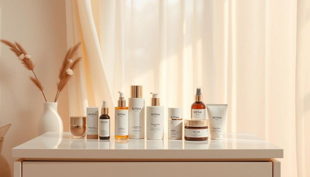 A tranquil skincare routine unfolds, centered on a pristine vanity set against a softly-lit, minimalist backdrop. Atop the vanity, an array of Rotina skincare products are displayed - their elegant, organic packaging and earthy tones evoking a sense of natural wellness. Warm, diffused lighting filters through sheer curtains, casting a gentle glow that illuminates the scene. The overall mood is one of calm, intentional self-care - a transformative moment in the day, where the pursuit of radiant, uniform skin takes precedence. The composition emphasizes the simplicity and attentiveness of this skincare ritual, inviting the viewer to imagine themselves partaking in this restorative routine.
