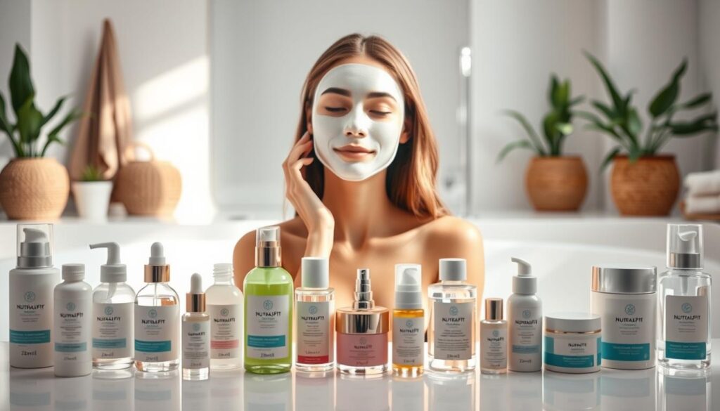 A vibrant and detailed image of a self-care routine to enhance the effects of the NutralFit whitening product. In the foreground, an array of skincare products - facial cleansers, serums, and moisturizers - are neatly arranged on a pristine white surface, bathed in soft, diffused lighting. In the middle ground, a youthful model with glowing, radiant skin applies a face mask, her expression serene and focused. The background depicts a soothing, minimalist bathroom setting with natural elements like potted plants and soft towels, conveying a sense of tranquility and relaxation. The overall atmosphere is calming, inviting, and reflects the transformative power of a dedicated self-care routine to amplify the benefits of the NutralFit whitening treatment.