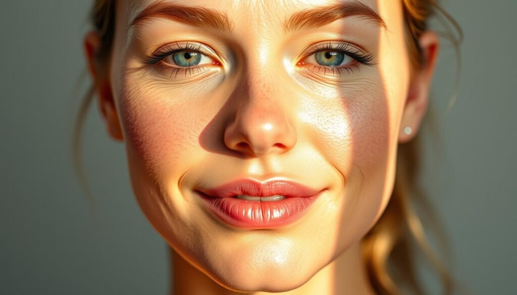 A vibrant and rejuvenated complexion, glowing with a renewed youthful radiance. The skin's natural luminosity is restored, blemishes and discoloration seamlessly blended away. Soft lighting caresses the face, accentuating the healthy, luminous glow. A sense of vitality and freshness emanates, as if the skin has been reborn, nourished and revitalized. Intricate details of the facial features are crisp and defined, conveying a complexion that is visibly renewed and reinvigorated. The overall mood is one of natural, effortless beauty, radiating a sense of vitality and wellbeing.