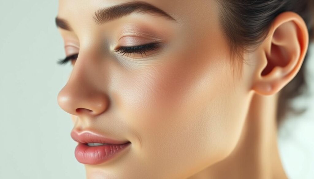 A vibrant, close-up image of a model's skin, showcasing the effects of a skin-lightening treatment. The foreground features the model's face, with a serene, relaxed expression and smooth, radiant complexion. The middle ground highlights the targeted area, revealing an even, luminous skin tone with diminished discoloration and blemishes. The background is softly blurred, creating a sense of focus on the central subject. The lighting is soft and directional, accentuating the natural contours and texture of the skin. The overall mood is one of clarity, rejuvenation, and a confident, healthy glow.