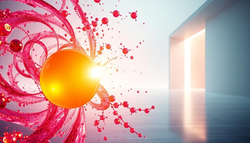 A vibrant, high-contrast image showcasing the antioxidant power of Vitamine C in the NutralFit skin brightener. In the foreground, a glowing orb of golden light representing the active ingredient, surrounded by a swirling vortex of free radicals in shades of red and purple. The middle ground features a close-up view of healthy, radiant skin being shielded from the damaging oxidative stress. In the background, a minimalist, futuristic landscape with clean lines and a cool, serene color palette to emphasize the rejuvenating, protective effects. Dramatic lighting from an unseen source, casting dramatic shadows and highlights to convey the transformative power of the antioxidant formula.