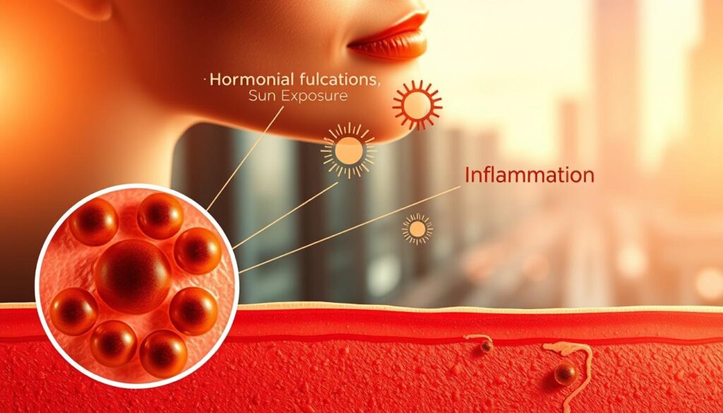 A vibrant, realistic illustration of the underlying factors triggering melasma. In the foreground, a magnified cross-section of the skin reveals pigmented melanocytes, the root cause of the hyperpigmentation. In the middle ground, hormonal fluctuations, sun exposure, and inflammation are depicted as abstract forces converging on the skin. The background features a blurred, moody cityscape to convey the environmental stressors that can exacerbate melasma. Warm lighting casts a soft glow, enhancing the scientific and clinical atmosphere. Rendered with a photorealistic style, the image aims to clearly communicate the multifaceted nature of this common skin condition.