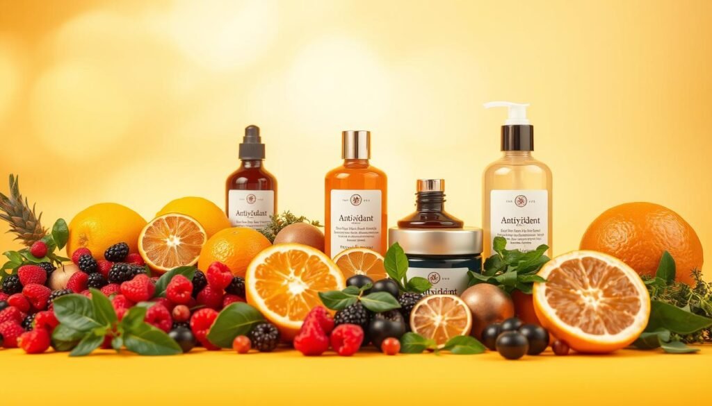 A vibrant still life showcasing a variety of antioxidant-rich ingredients against a warm, golden backdrop. In the foreground, an assortment of fresh fruits and vegetables, such as berries, citrus, and leafy greens, are artfully arranged. The middle ground features bottles or jars of antioxidant-infused skin care products, their labels and packaging seamlessly integrated into the composition. The background is softly lit, with a subtle glow emanating from the scene, creating a sense of radiance and luminosity. The overall mood is one of health, vitality, and the restorative power of antioxidants for the skin.
