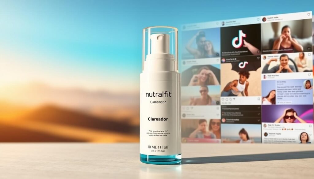 A vibrant, visually captivating image of a NutralFit Clareador skincare product that has recently gone viral on TikTok. The foreground features the product container, its sleek, minimalist design and bold branding standing out against a soft, diffused background. Warm, natural lighting casts a subtle glow, highlighting the product's key details and creating an inviting, aspirational atmosphere. The middle ground showcases a montage of dynamic TikTok video clips and social media interactions, conveying the product's widespread popularity and viral success. In the background, a blurred, abstract landscape suggests the broader cultural context and trends that have contributed to the product's viral rise.