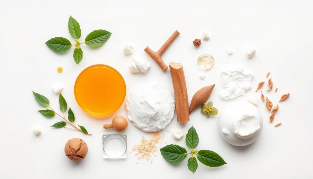 Ingredients for skin lightening, arranged on a pristine white background. An array of natural botanicals and extracts, including vitamin C, kojic acid, licorice root, and niacinamide. Soft, diffused lighting highlights the purity and potency of these gentle, non-irritating components. The composition is clean and minimalist, emphasizing the simplicity and efficacy of the NutralFit formula. A sense of balance and harmony pervades the scene, suggesting a safe, effective solution for radiant, even-toned skin.