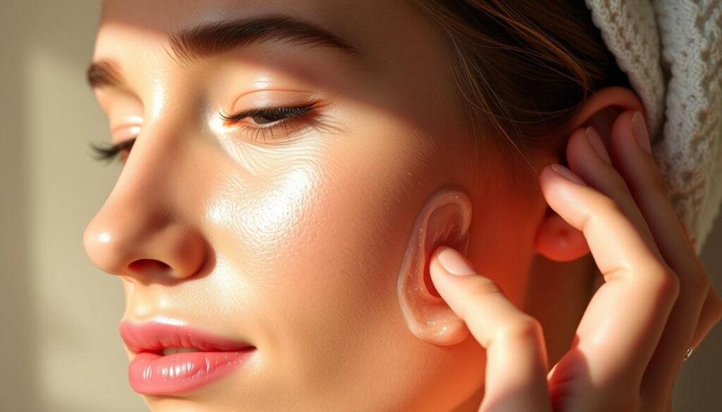 Smooth, healthy skin in warm, natural lighting. Close-up view of a woman's face, showcasing her skin's texture and radiance. Hands gently applying a skin-brightening serum, massaging it into the cheeks and forehead. Soft, diffused shadows define the facial contours. A serene, spa-like atmosphere with a sense of relaxation and preparation. Crisp, detailed rendering of the skin, serum, and hands. Minimal distractions, allowing the focus to remain on the skin care routine.