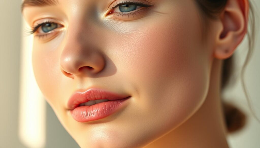 Smooth, radiant skin in soft, natural lighting. A close-up portrait showcasing the uniform, luminous complexion of a model's face. Subtle highlights accentuate the skin's even texture, with no visible blemishes or discoloration. The lighting is diffused and warm, creating a serene and rejuvenated atmosphere. The camera angle is slightly elevated, emphasizing the clarity and smoothness of the skin. The background is blurred, keeping the focus on the model's flawless, healthy-looking complexion.